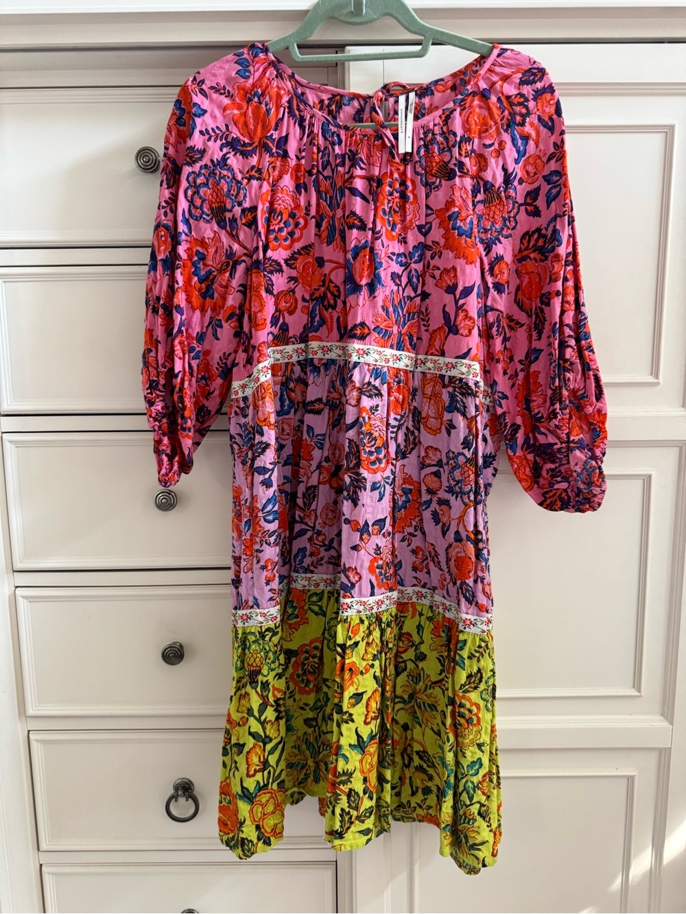 Anthropologie Boho Floral Tiered Mini Dress in Pink and Lime